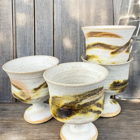 Vintage Hand Made Stoneware Pottery Footed Cups Goblets Set 4 Drip Glaze Cups - Picture 1 of 15